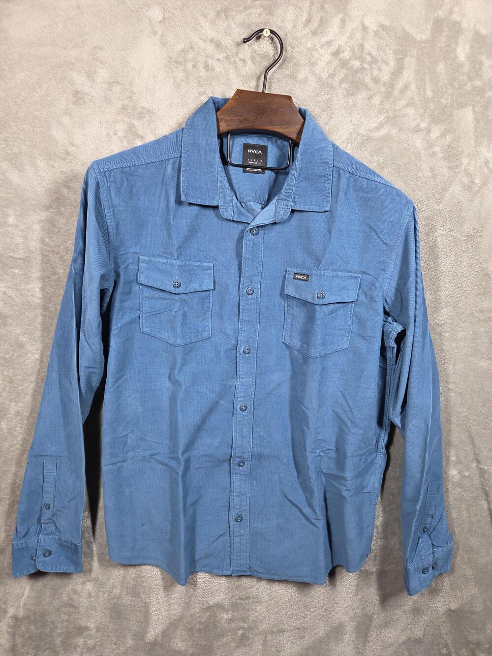 RVCA Shirt Mens Large Blue Corduroy Long Sleeve Button Up Chest Pockets Casual